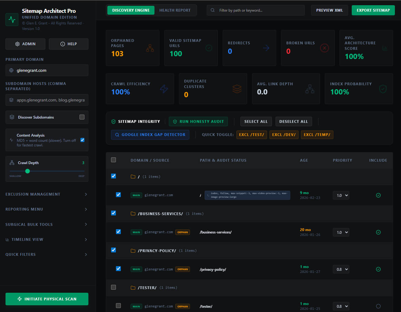 Discovery Engine interface showing crawl metrics and URL table